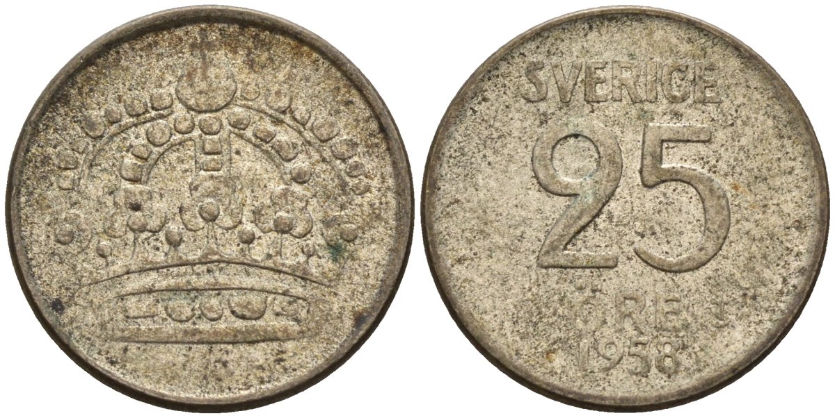 Швеция 25 эре 1958 TS, Густав VI Адольф (1950-1973) KM 824 серебро 4596-136
