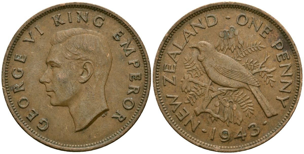 Новая Зеландия 1 пенни 1943 Георг VI (1936-1952), новозеландский туи KM 13 бронза 4165-1216