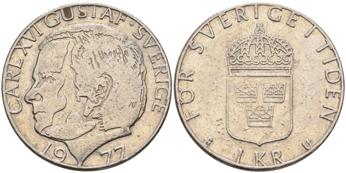 Швеция 1 крона 1977 Карл XVI Густав (1973- ) KM 852 медь плакированная медно-никелем 181-816