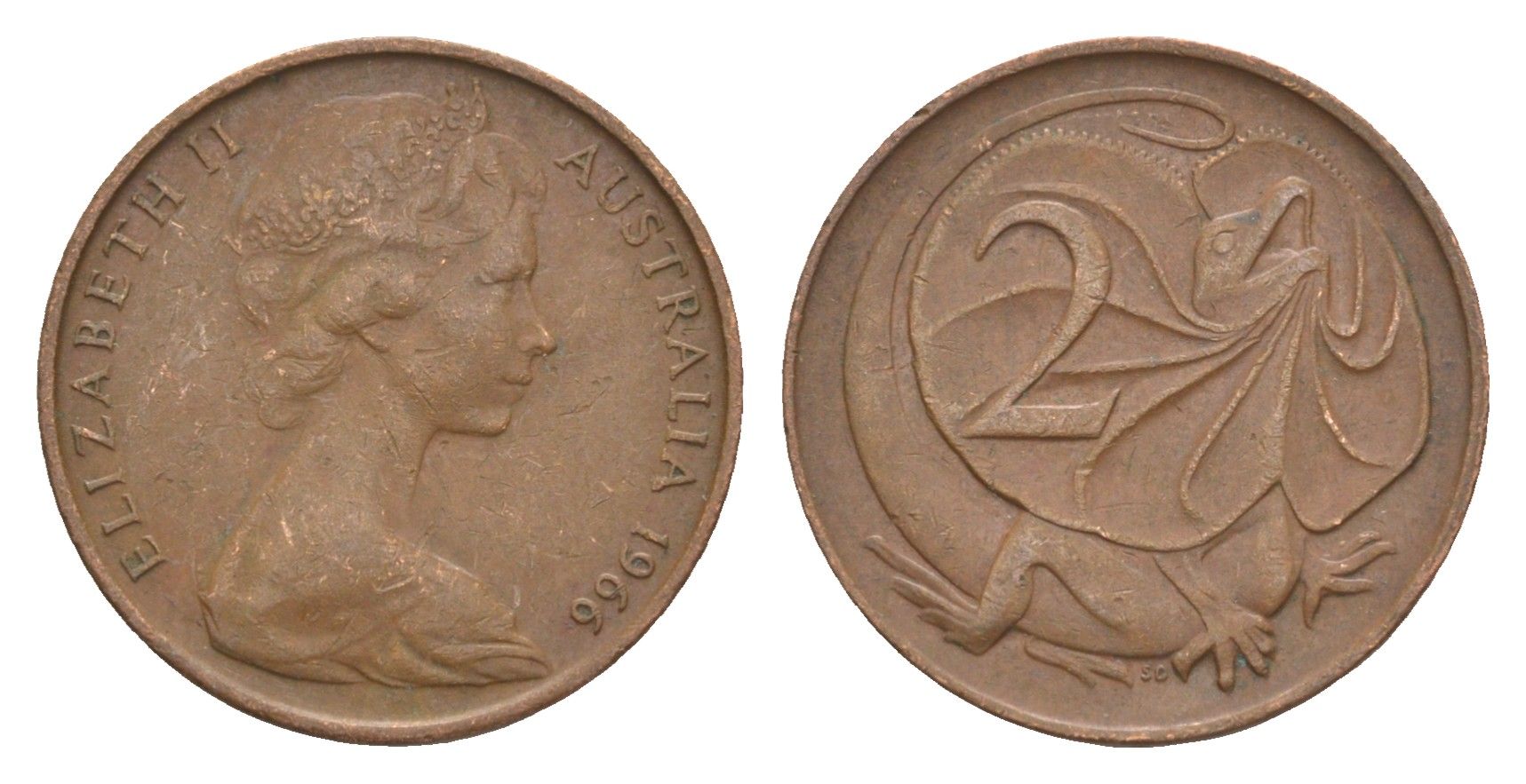 Австралия 2 цента 1966 Елизавета II (1952-2022), плащеносная ящерица KM 63 бронза 4585-1046