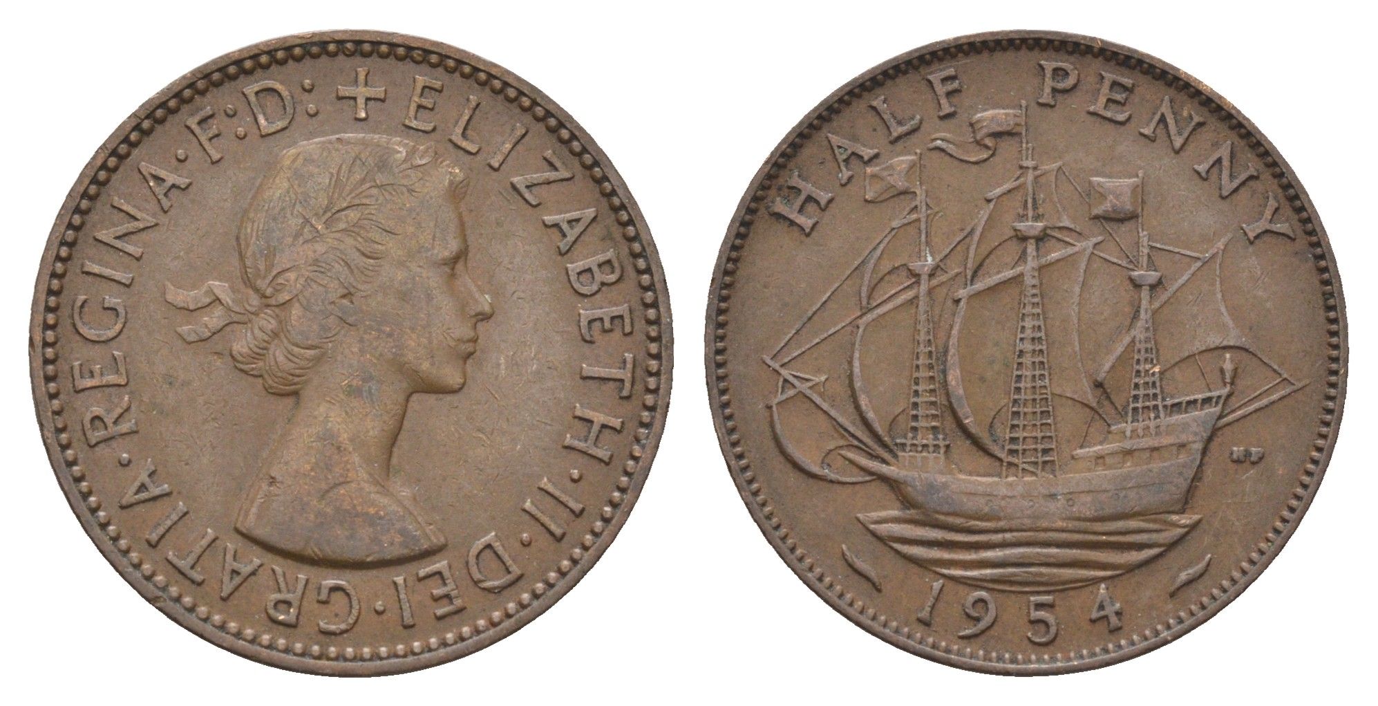 Великобритания 1/2 пенни 1954 Елизавета II (1952-2022) KM 896, Spink 4158 бронза 4662-1131