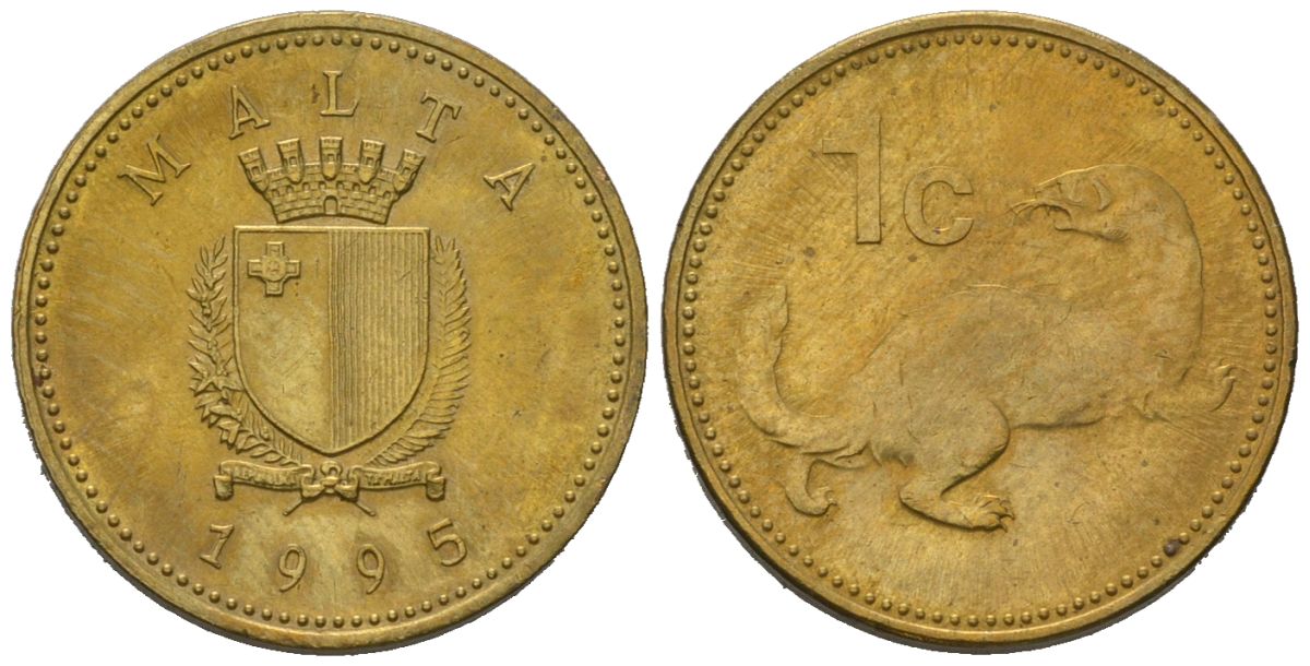 Мальта 1 цент 1995 ласка, горностай KM 93 никель латунь 4396-916