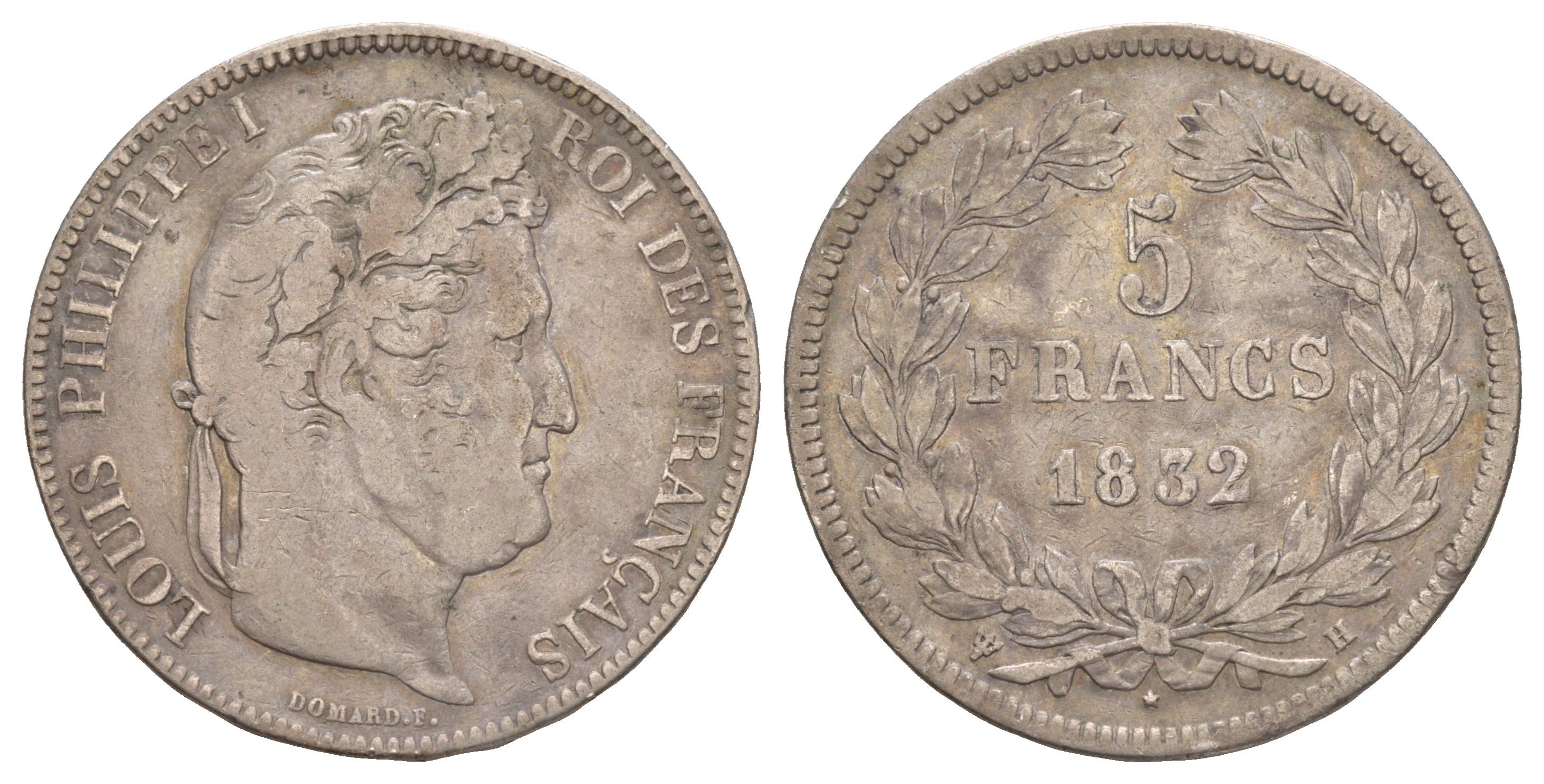 Франция 5 франков 1832 H, Луи-Филипп I (1830-1848) KM 749.5 серебро 1520-922