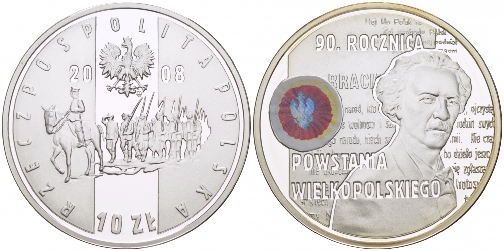 Польша 10 злотых 2008 MW, 90 лет Великопольского восстания, Игнаций Ян Падеревский, цветная эмаль KM 661 серебро PROOF 1087-4-52