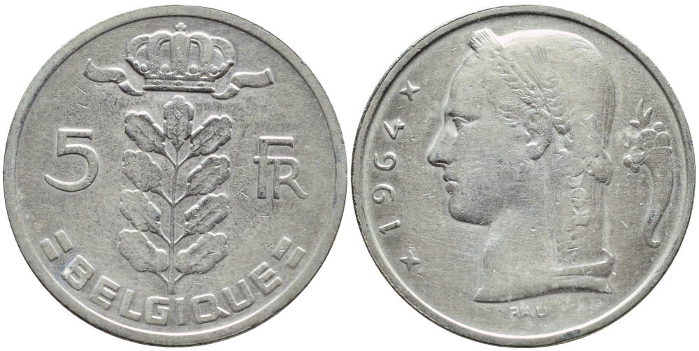 БЕЛЬГИЯ 5 ФРАНКОВ 1964 BELGIQUE KM 134.1 медно-никель 3999-1233