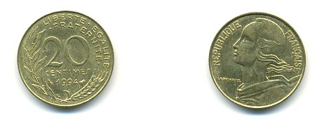 ФРАНЦИЯ 20 САНТИМОВ 1994 KM 930 медь алюминий никель 54-2136
