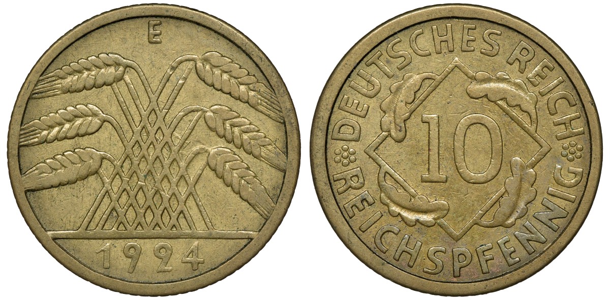 ГЕРМАНИЯ 10 РЕЙХСПФЕННИГОВ 1924 E KM 40, J. 317, Weege 9 алюминиевая бронза 72-1537