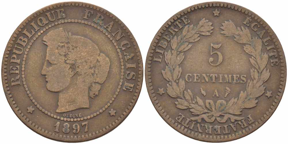 ФРАНЦИЯ 5 САНТИМОВ 1897 A, ТРЕТЬЯ РЕСПУБЛИКА (1871-1940) KM 821.1, LE FRANC 118.41 бронза 108-746