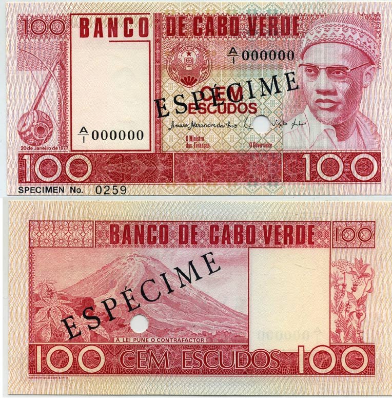 Кабо-Верде 100 эскудо 1977 specimen, образец, № 0259 Pick 54 s бумага UNC (пресс) 451-798-2