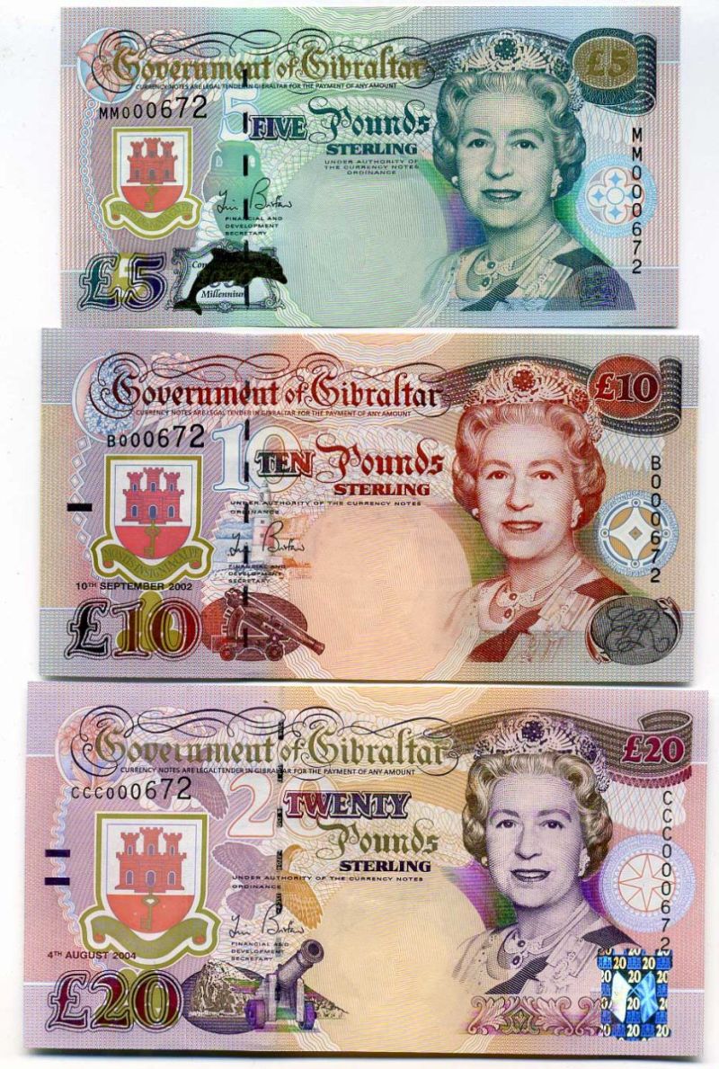 Гибралтар 5, 10 и 20 фунтов миллениум 2000-2004 три банкноты, набор м одинаковыми номерами 000672 Pick 29, 30, 31 бумага UNC (пресс) 000-00-00