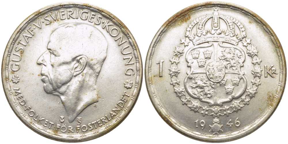 Швеция 1 крона 1946 TS, Густав V (1907-1950) KM 814 серебро 119-1127