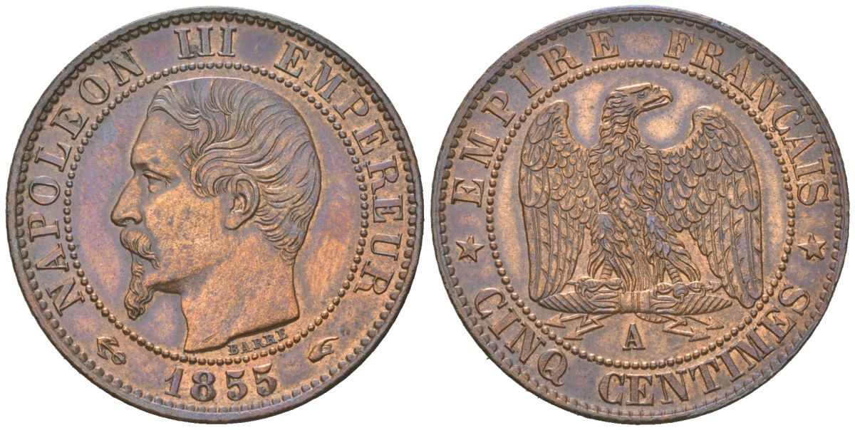 Франция 5 сантимов 1855 A, Наполеон III (1852-1870) KM 777.1 бронза aUNC 4044-342
