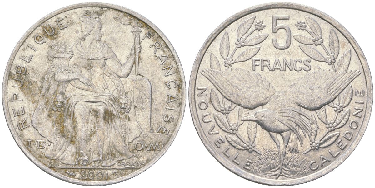 Французская Новая Каледония 5 франков 2001 птица кагу, (IEOM) KM 16, Schoen 12, Lec 81f алюминий 4111-432