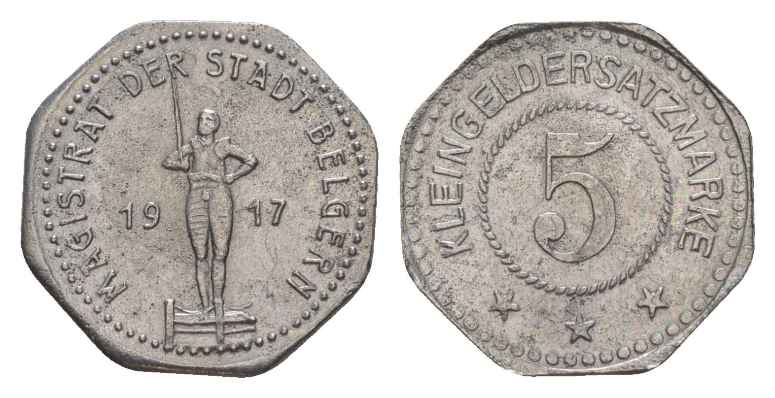 Бельгерн 5 пфеннигов 1917 Funck 33.4, Men05 1706.4, Men18 2201.4 железо 1528-844