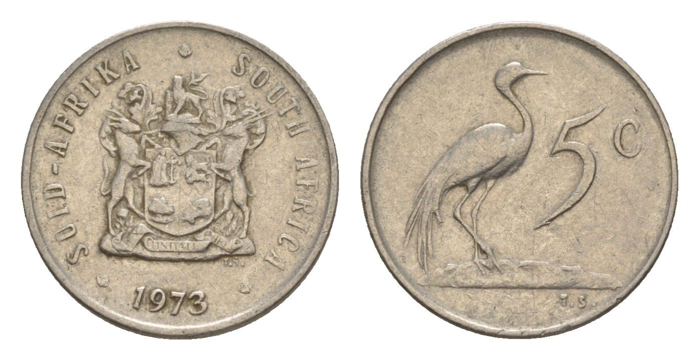 ЮАР 5 центов 1973 герб, райский журавль KM 84 никель 4602-963
