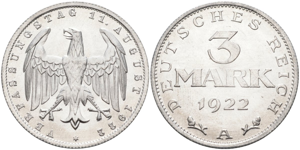 Германия 3 марки 1922 A, третья годовщина Веймарской Конституции KM 29, J.303 алюминий UNC 4587-311