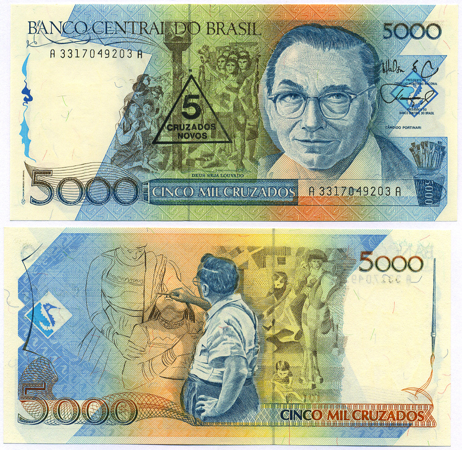 БРАЗИЛИЯ 5 НОВЫХ КРУЗАДО 1989 НАДПЕЧАТКА НА 5000 КРУЗАДО Pick 217a бумага 8564-51-3
