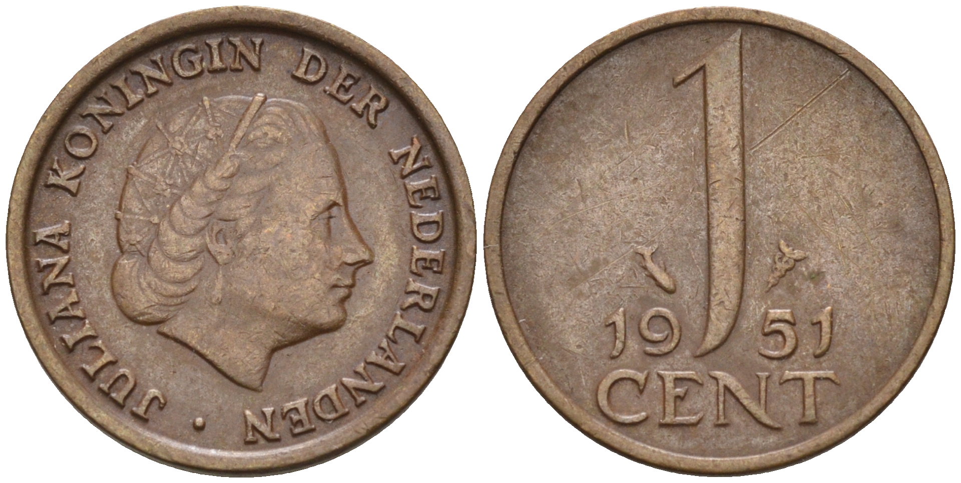 Нидерланды 1 цент 1951 Юлиана (1948-1980) КМ 180 бронза    4174-541