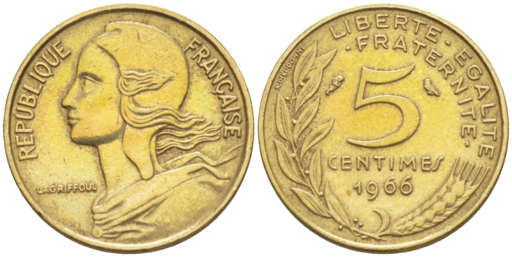 ФРАНЦИЯ 5 САНТИМОВ 1966 ТИП MARIANNE KM 933, LE FRANC 125.2 алюминиевая бронза 112-826
