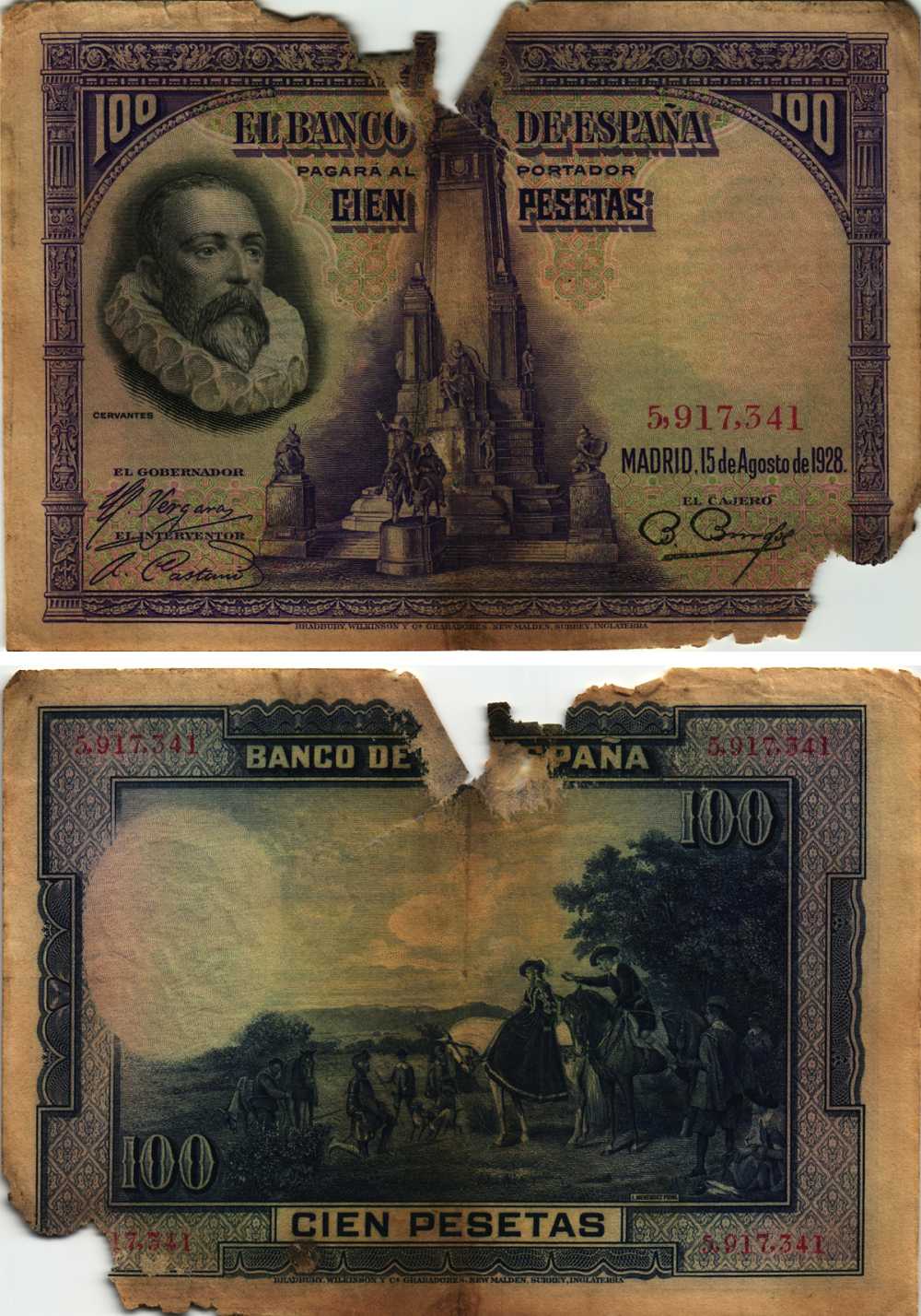 Испания 100 песет 1928 Мигель де Сервантес Сааведра, памятник Сервантесу, картина Дон Кихот Pick 76 а бумага 8609-34-1