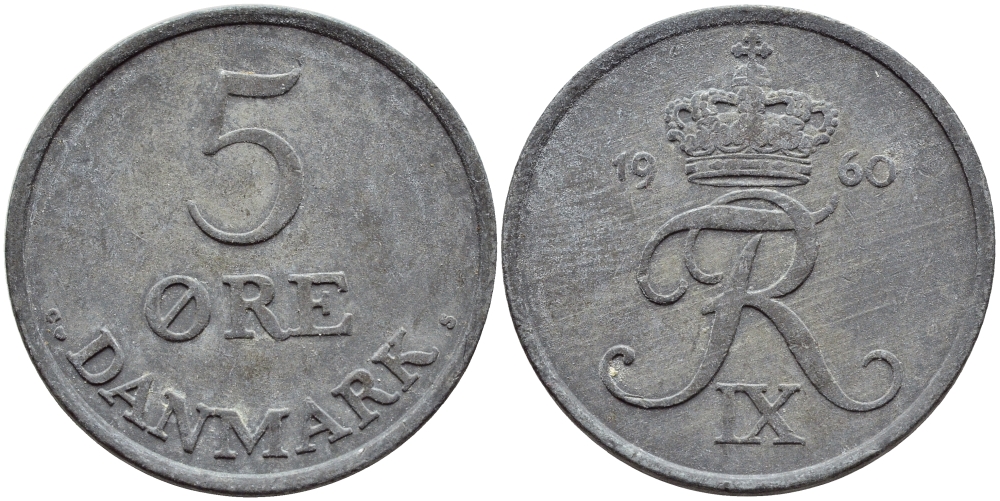 Дания 5 эре 1960 C; S, Фредерик IX (1947-1972) KM 843.2 цинк 51-4126