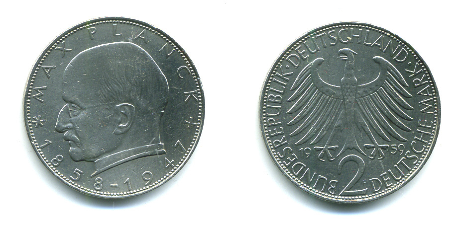 ФРГ 2 марки 1957 F, Макс Планк KM 116, J. 392 медно-никель плакированный никелем 54-1257