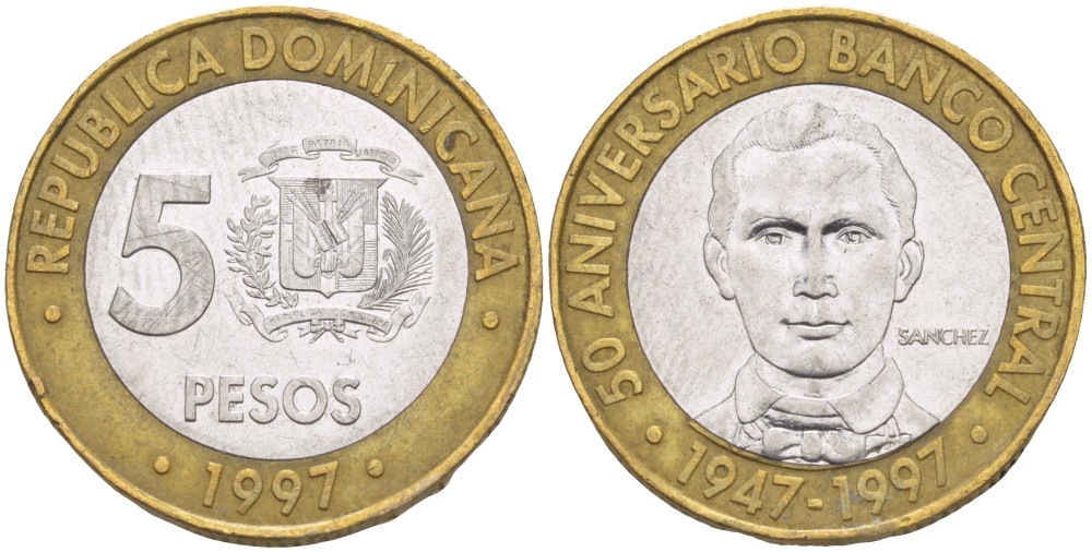 Доминиканская республика 5 песо 1997 50 лет центральному банку KM 88 биметалл 4541-1056
