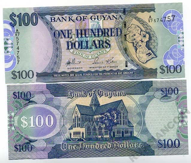 Гайана 100 долларов ND (2005) подпись 15, карта Гайаны, собор Святого Георгия Pick 36 a бумага UNC (пресс) 447-35-3