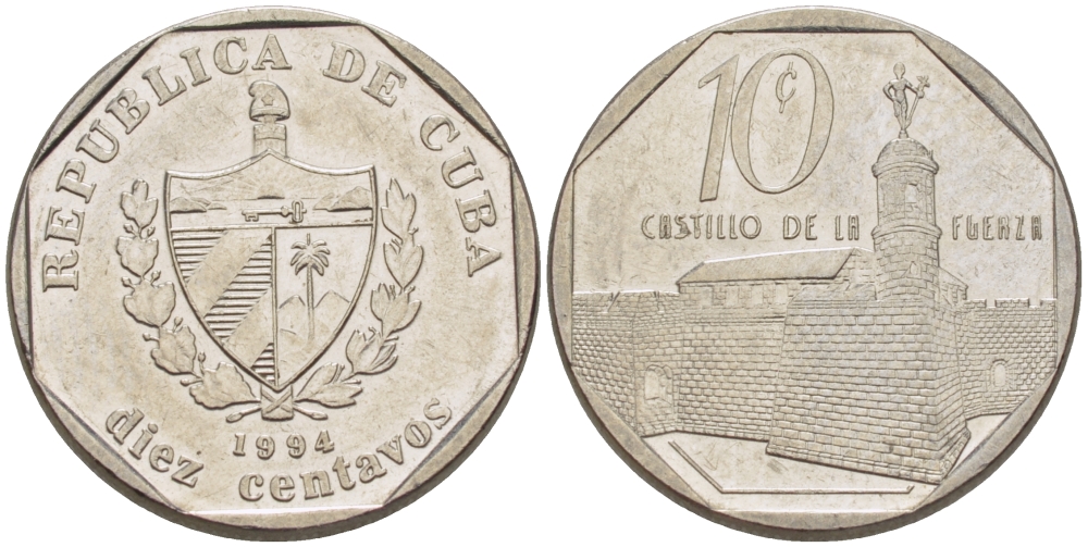 Куба 10 сентаво 1994 форт в Гаване Ла-Фуэрса KM 576.1 сталь плакированная никелем 66-659