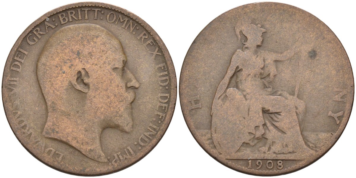 Великобритания 1/2 пенни 1908 Эдуард VII (1901-1910) KM 793.2, Spink 3991 бронза 4591-1037