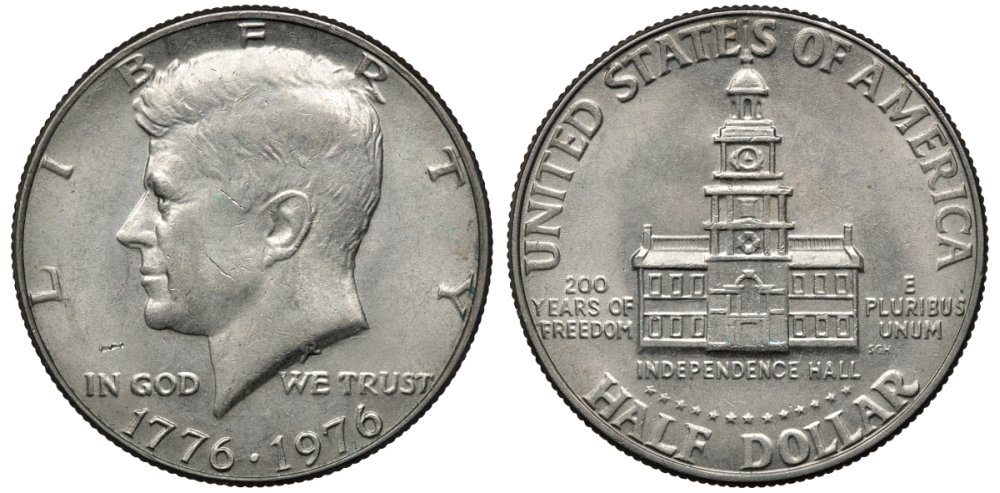США 50 центов = 1/2 доллара 1976 200 лет независимости, Джон Кеннеди KM 205 медь плакированная медно-никелем 88-1235