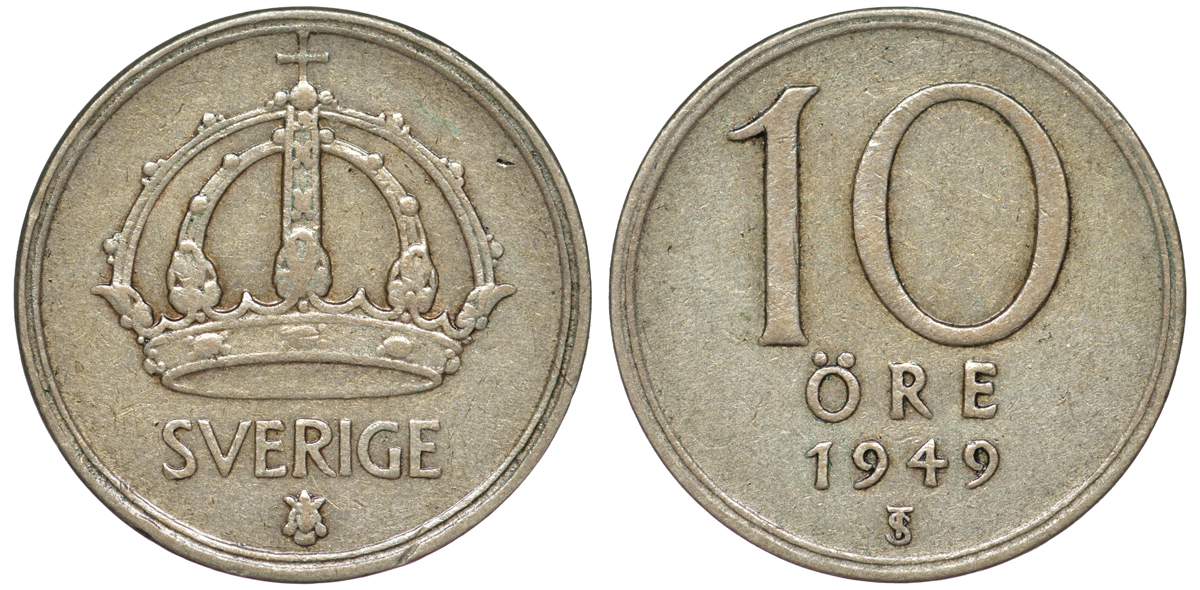 Швеция 10 эре 1949 TS, Густав V (1907-1950) KM 813 серебро 45-459