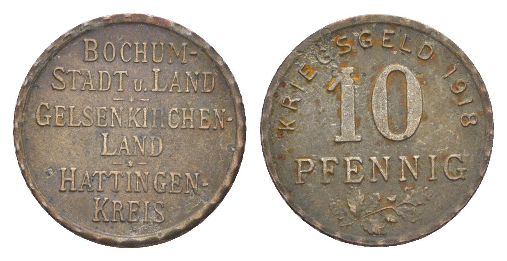 Бохум, Гельзенкирхен, Хаттинген 10 пфеннигов 1918 Funck 49.1, Men05 3022.1, Men18 3860.1 железо 4584-1111