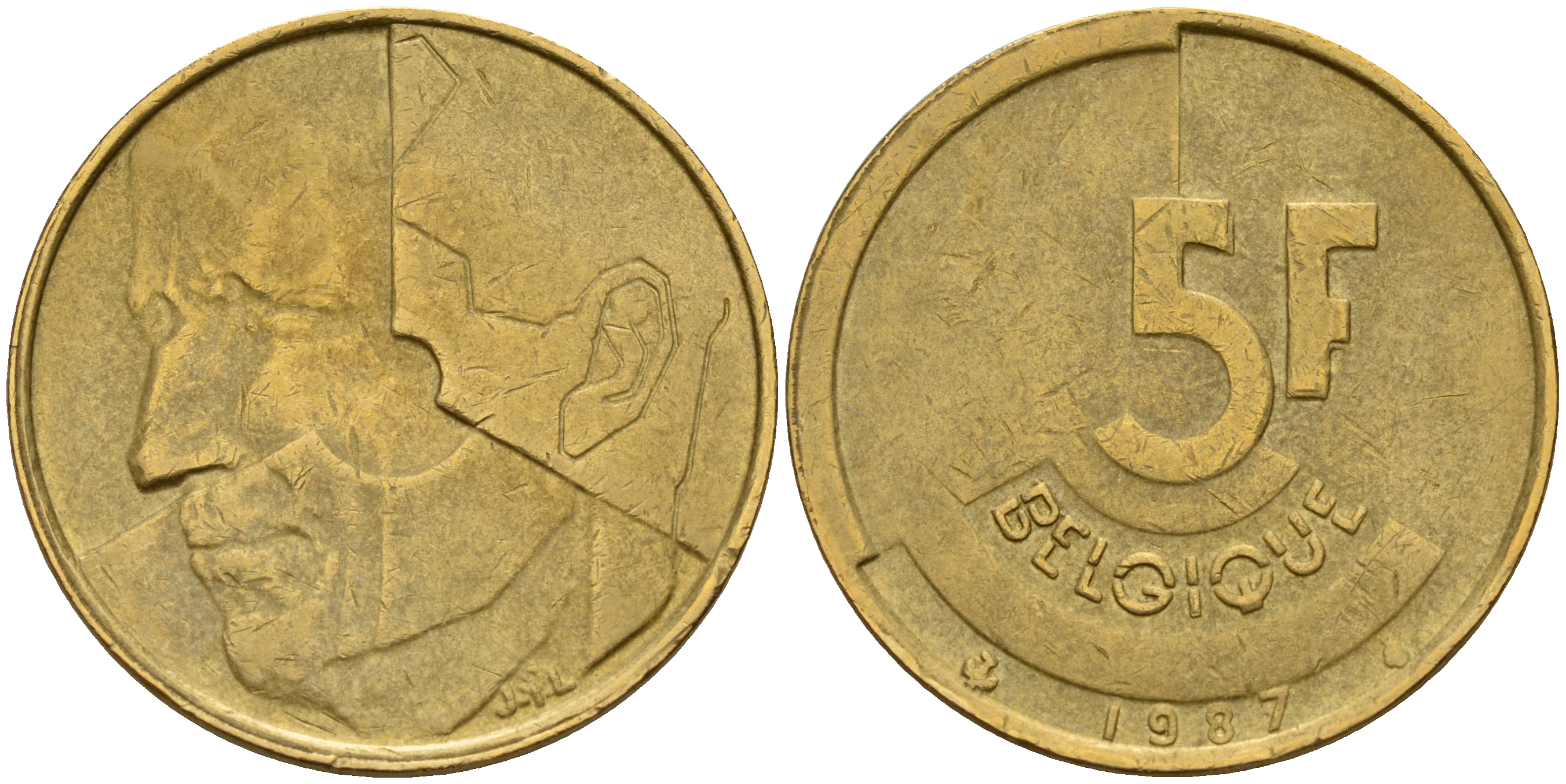 Бельгия 5 франков 1987 Belgique KM 163 алюминиевая бронза плакированная латунью    4187-427