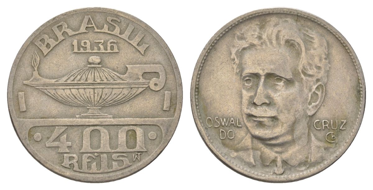 Бразилия 400 реалов 1936 Освалду Крус KM 539 медно-никель 4624-1217