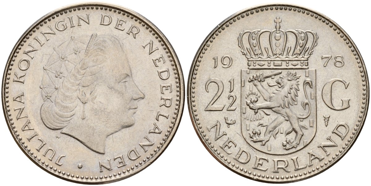 Нидерланды 2 1/2 гульдена 1978 Юлиана (1949-1980) KM 191 никель 4157-415