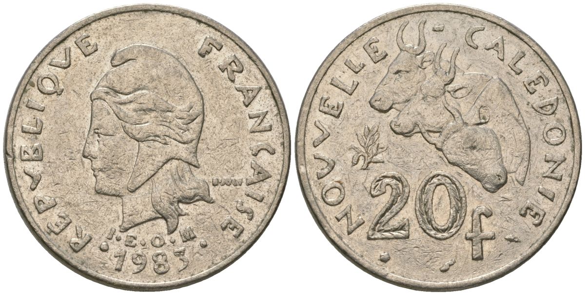 Французская Новая Каледония 20 франков 1983 три быка, (IEOM) KM 12, Schoen 14, Lec 111 никель 4120-926