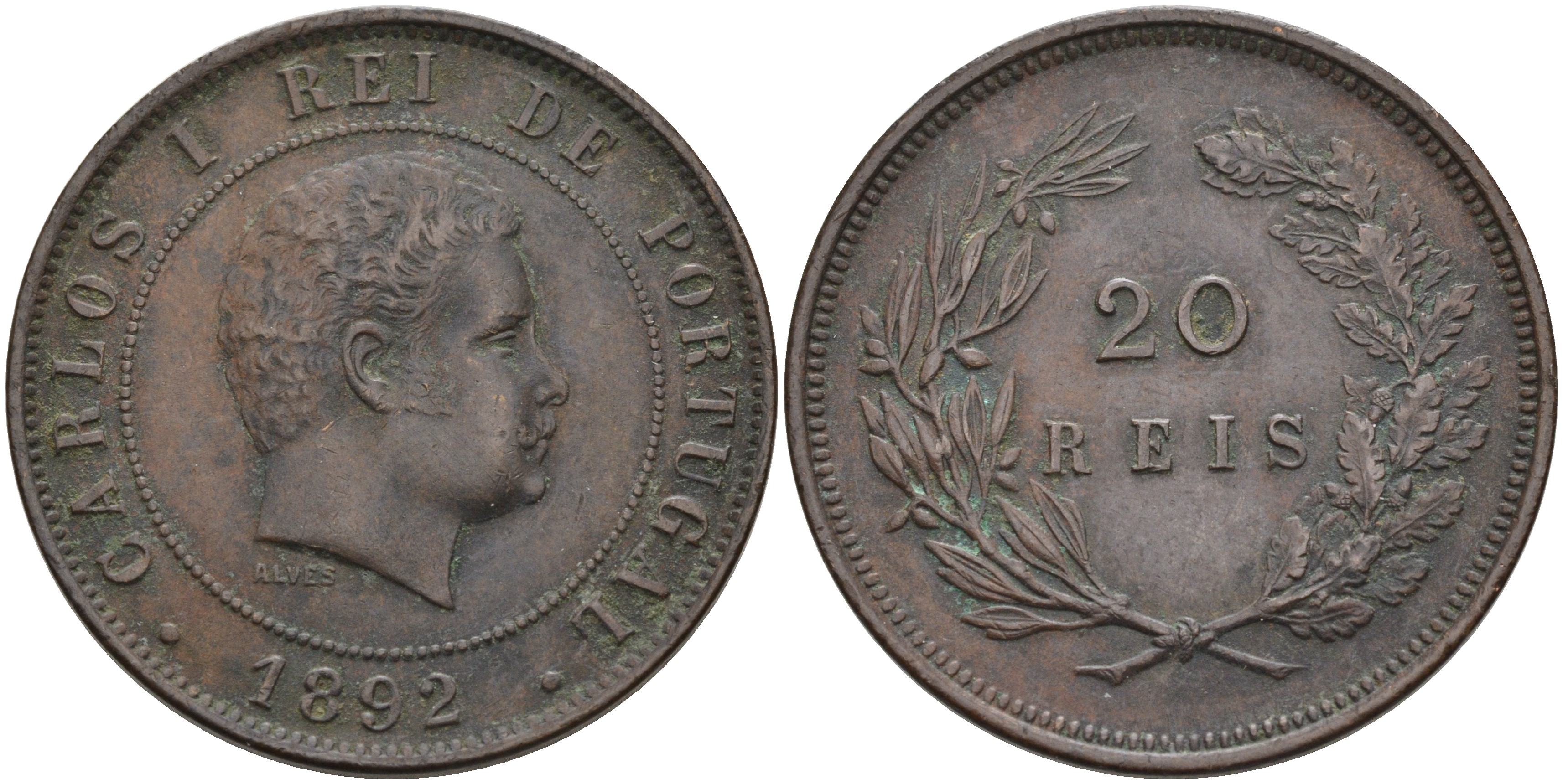 ПОРТУГАЛИЯ 20 РЕЙСОВ 1892 ЛУИШ (ЛЮДОВИК) I (1861-1889) KM 533 бронза 4565-132