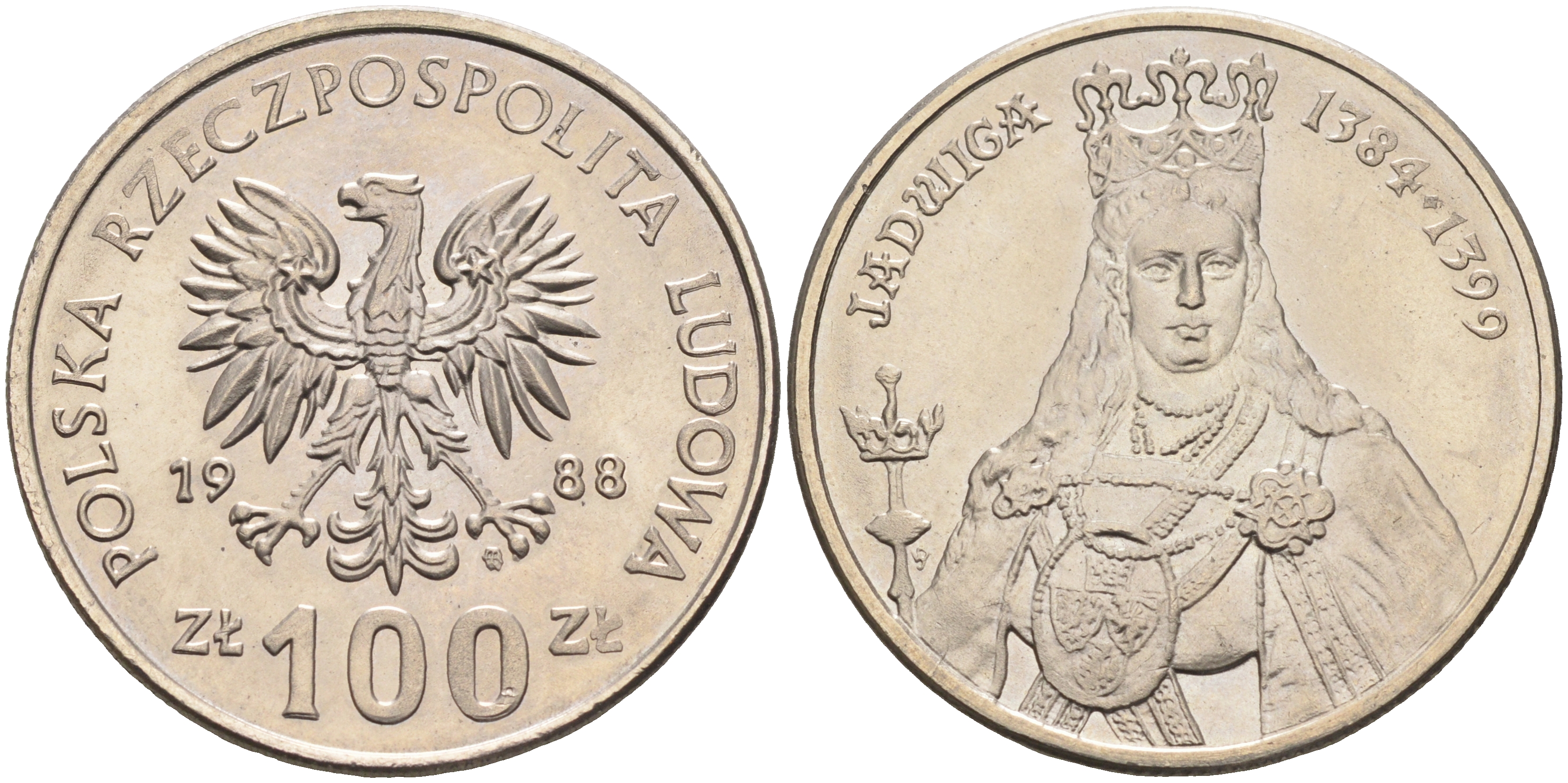 Польша 100 злотых 1988 MW, серия Польские правители, королева Ядвига (1384-1399) KM 183 медно-никель  UNC  4149-242