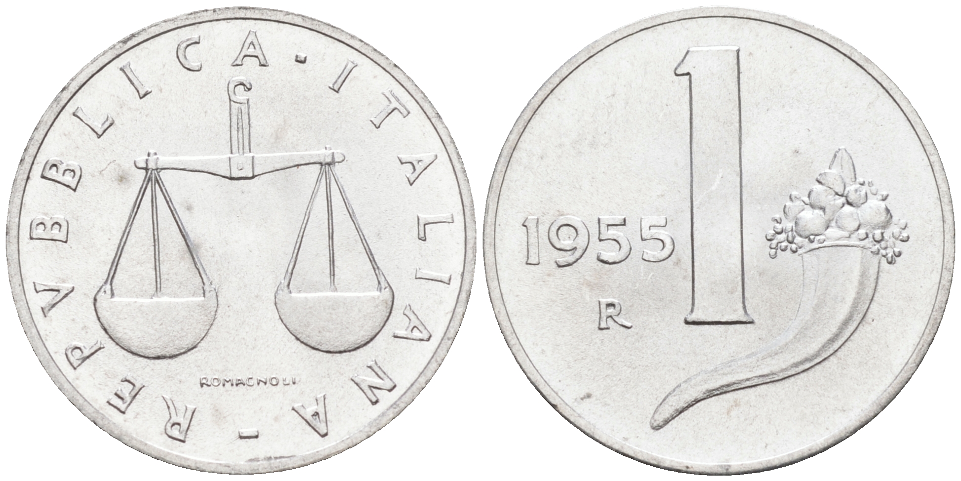 Италия 1 лира 1955 R, весы KM 91 алюминий  UNC  4594-646