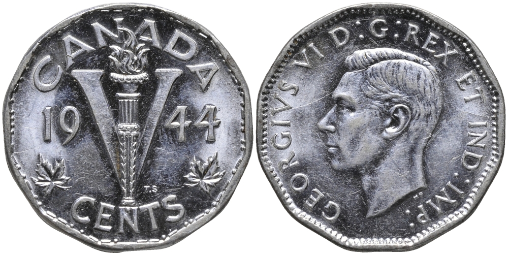 Канада 5 центов 1944 Георг VI (1937-1952) KM 40а хромированная сталь аUNC 4391-333