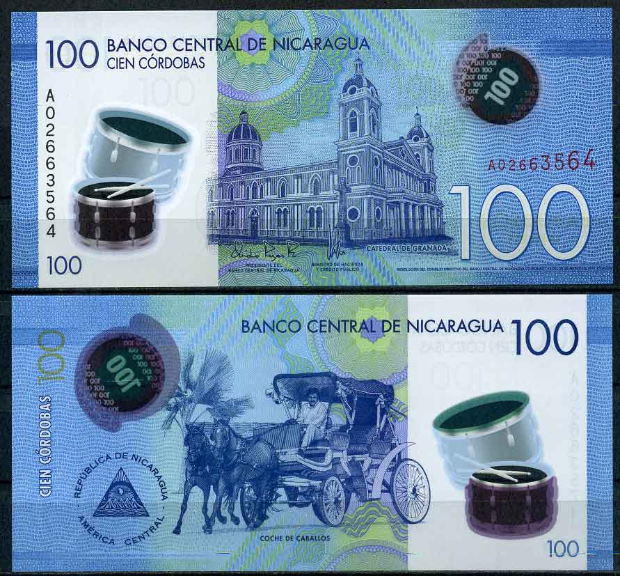 Никарагуа 100 кордоба 2021 кафедральный собор Гранады, повозка Pick 212 a  пластик UNC (пресс) 447-55-3