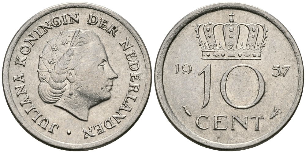 Нидерланды 10 центов 1957 Юлиана (1948-1980) KM 182 никель 96-356