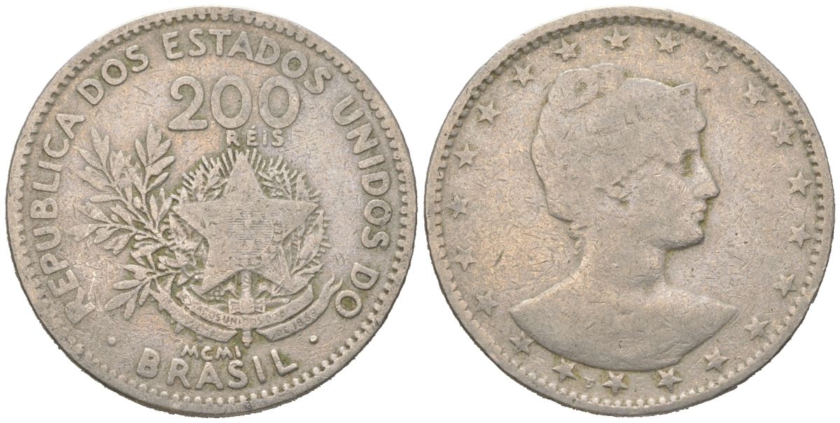 Бразилия 200 реалов 1901 MCMI, голова свободы вправо KM 504 медно-никель 4612-222