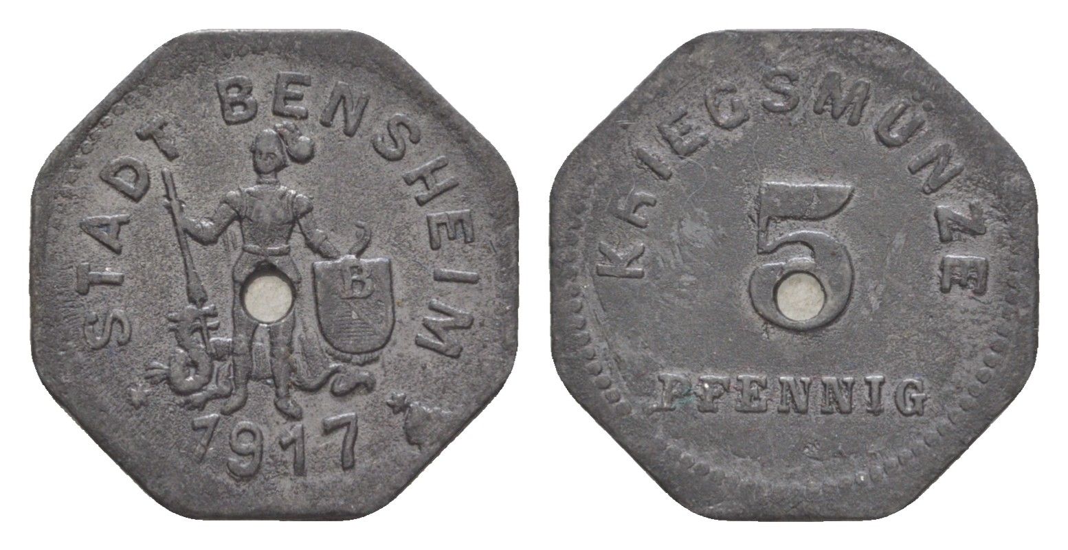 Бенсхайм 5 пфеннигов 1917 Funck 34.2A, Men05 1739.2, Men18 2245.2 цинк 4636-1039