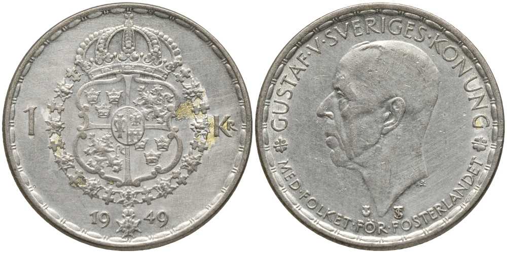 Швеция 1 крона 1949 TS, Густав VI Адольф (1950-1973) KM 814 серебро 202-543