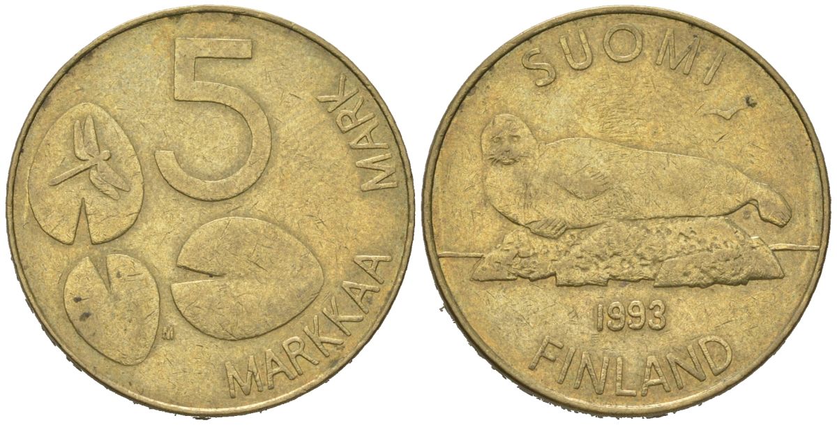 Финляндия 5 марок 1993 KM 73 алюминиевая бронза 4574-1031
