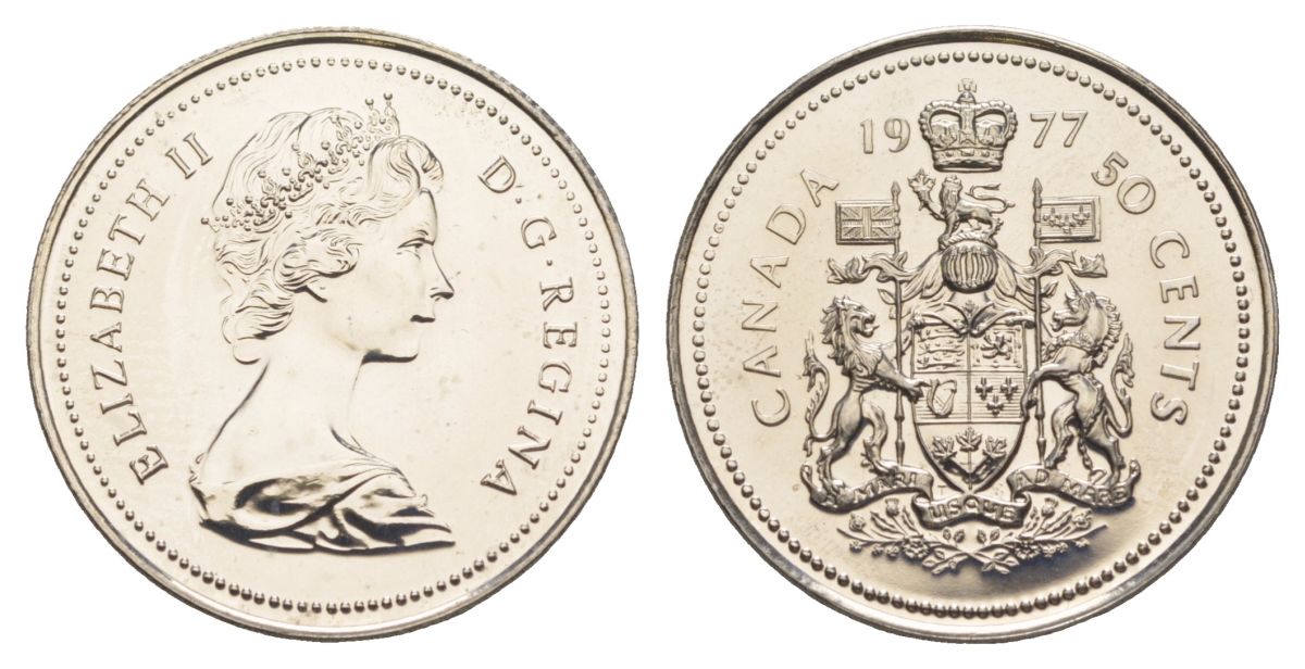 Канада 50 центов 1977 Елизавета II (1952-2022), герб KM 75 никель PROOF-LIKE (BU) 4631-953