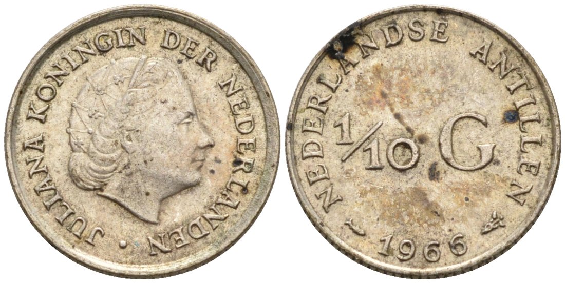 Нидерландские Антилы 1/10 гульдена 1966 Юлиана (1948-1980) KM 3 серебро 4564-518