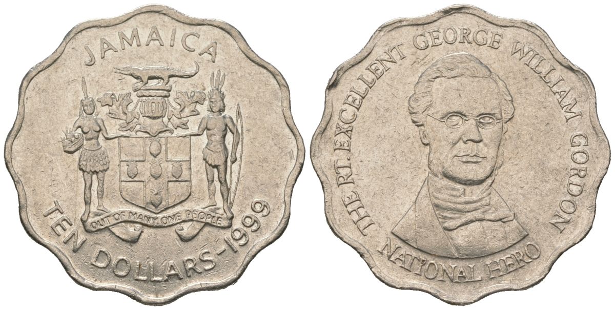 Ямайка 10 долларов 1999 KM 181 сталь плакированная никелем 4620-426